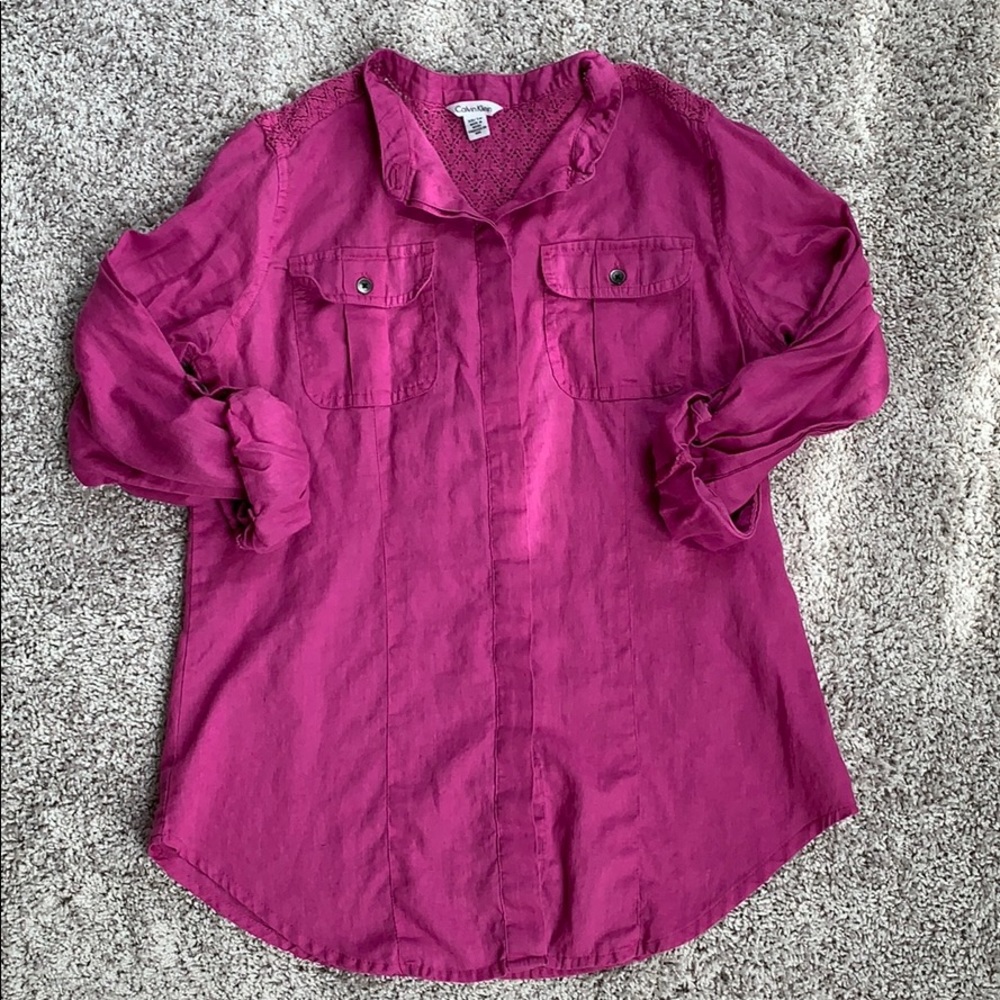 Calvin Klein Pink Crochet Button Down Blouse